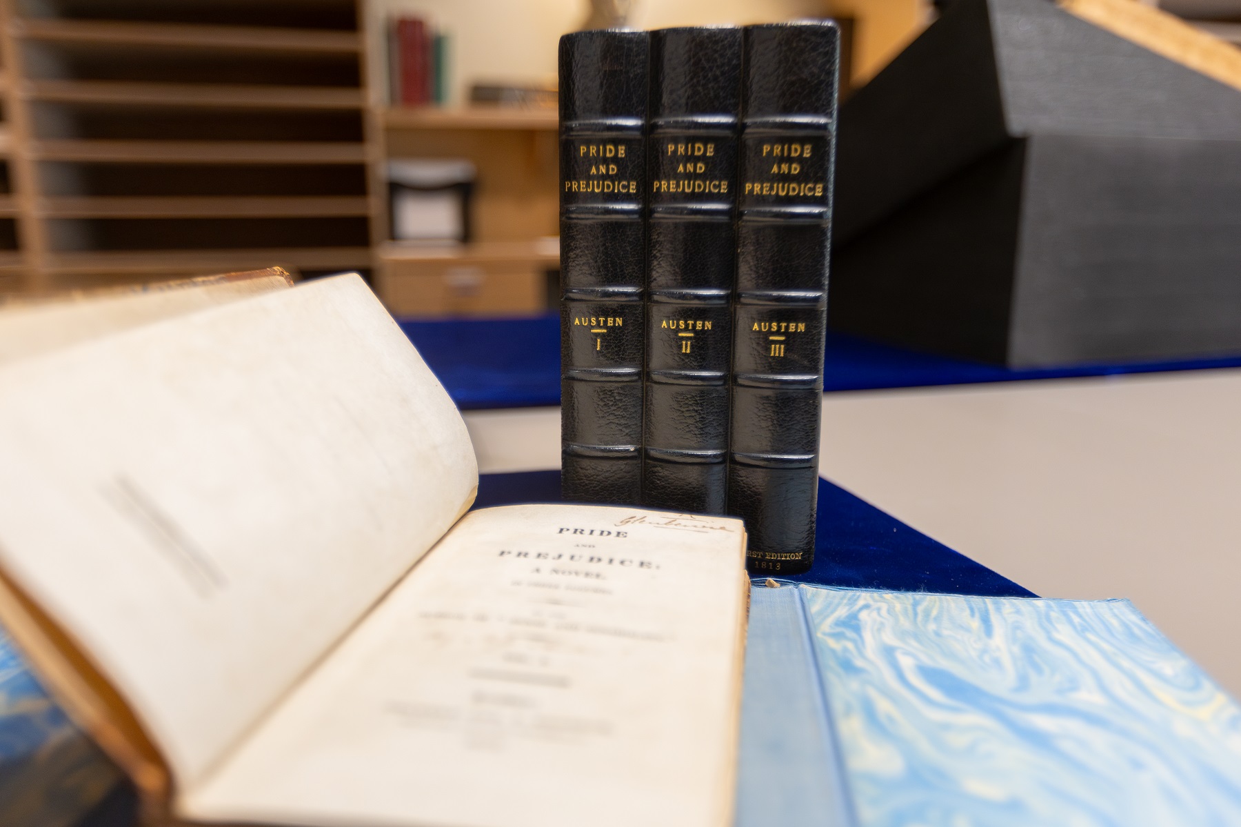 First editions of Jane Austen's Pride and Prejudice are in the collection.