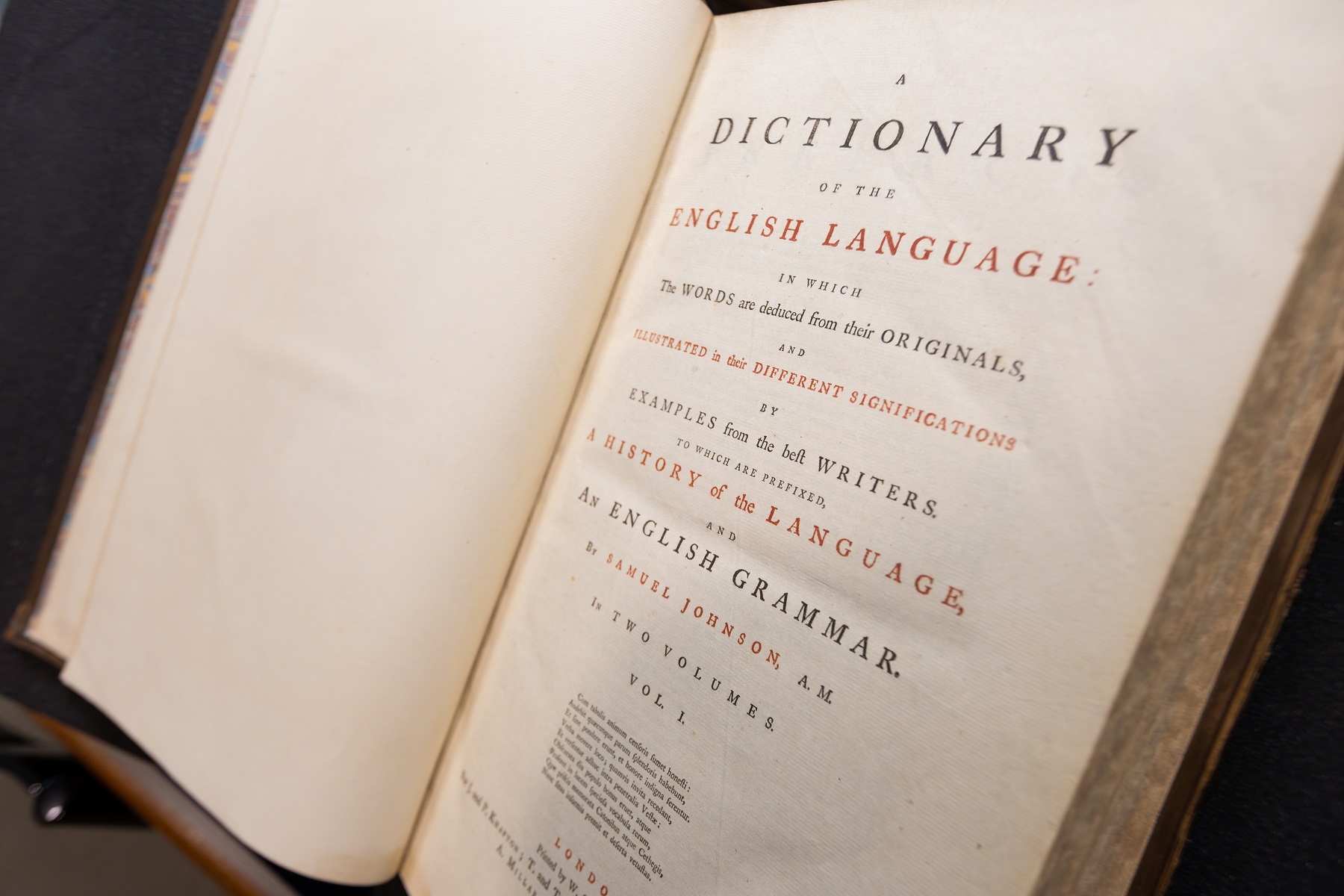 A first edition printing of Samuel Johnson’s influential two-volume Dictionary of the English Language is on display. 