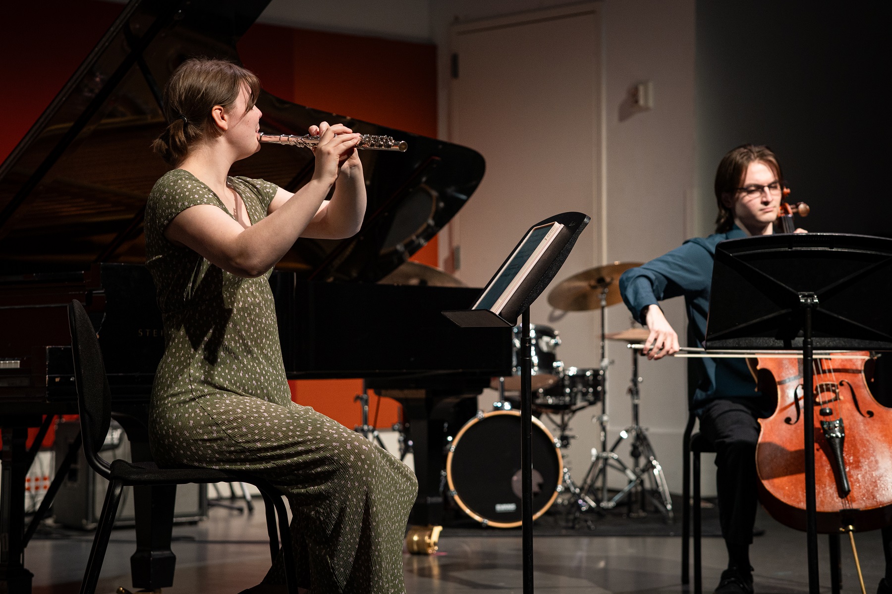 Lawrence students Sarah Pedlar on flute and David Smith on cello perform during the New York recital. (Photo by Ben Frueh)
