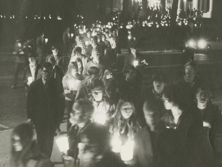 A group of Lawrence University students, faculty, and staff march across campus following the May 4, 1970, shooting of anti-war protesters at Kent State University. 
