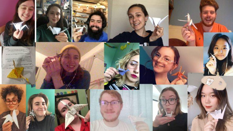 Students in Allison Fleshman’s Chemistry of Art class show their paper cranes during a virtual classroom session.