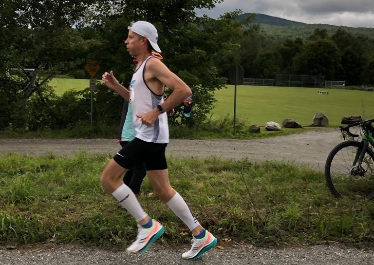 Jim Miller ’80 runs the Old Mill Marathon through the countryside north of Burlington, Vermont, on Aug. 30.