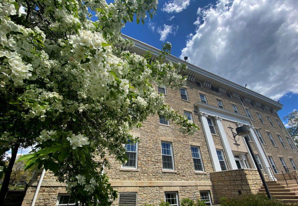 Main Hall with a tree full of white flowers next to the it
