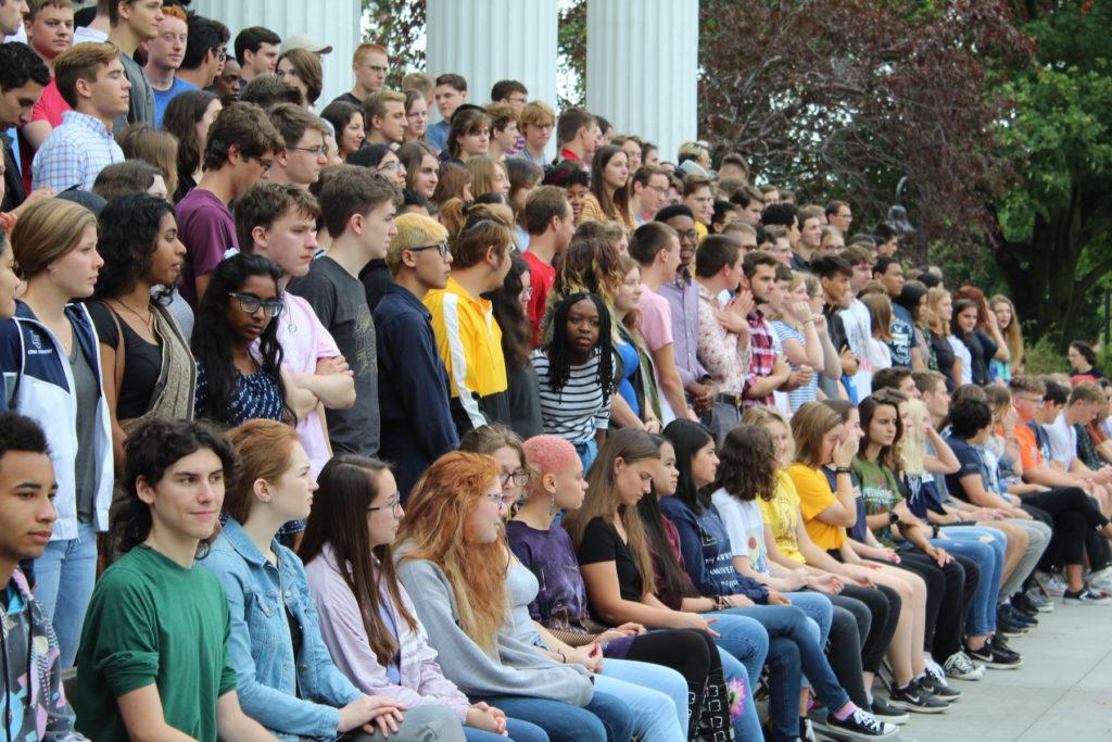 First-year students during annual class photo in front of Lawrence Memorial Chapel. The photo shoot is a Welcome Week tradition