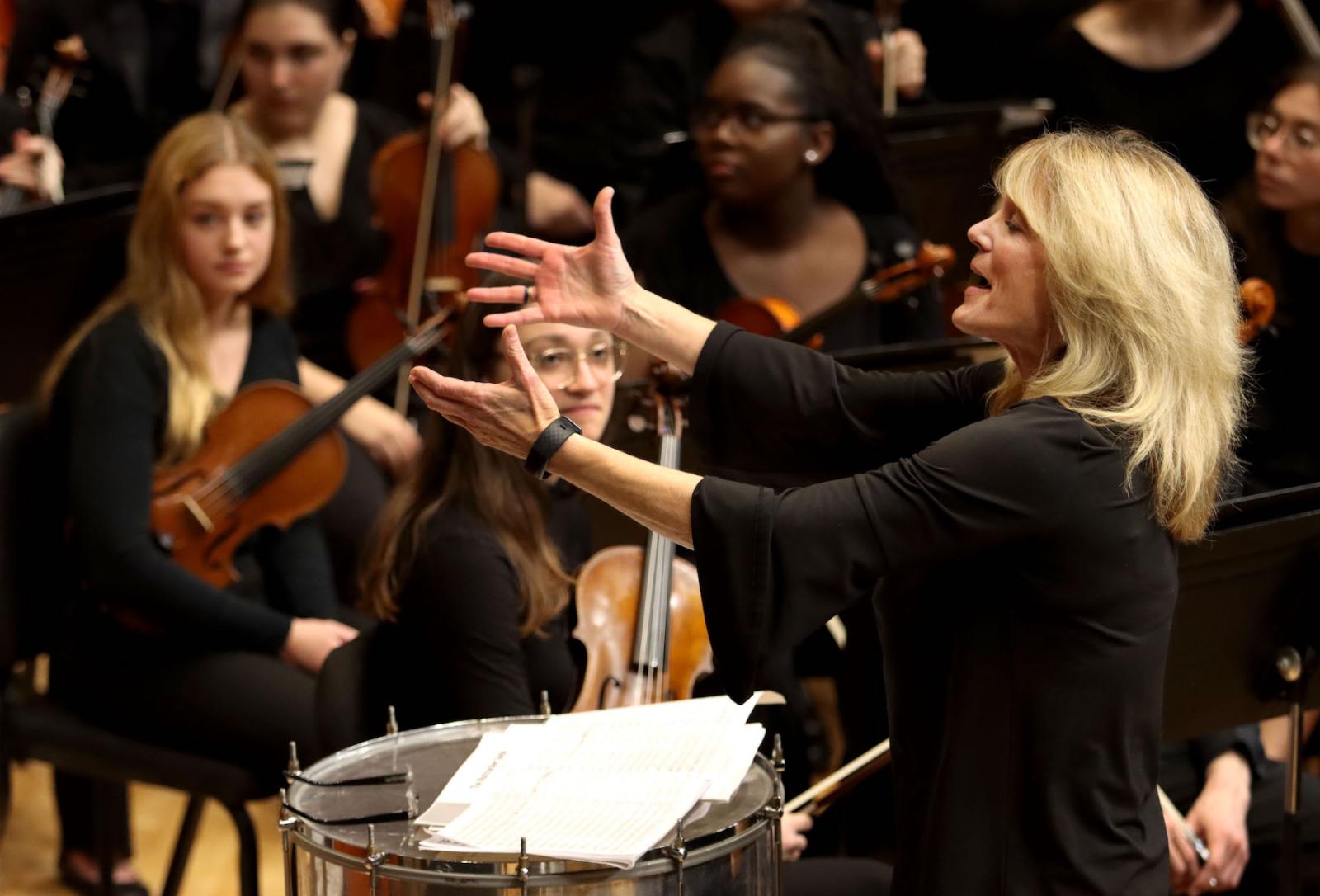 Patty Darling leads the Lawrence Studio Orchestra during Fred Sturm Jazz Celebration Weekend at Memorial Chapel.