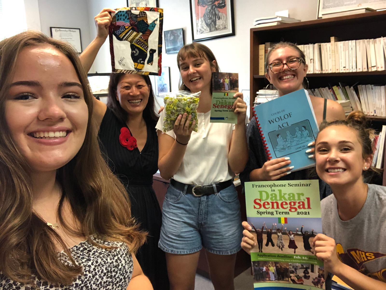 Senegal selfie: Dominica Chang, second from left, is teaching an independent study course on Wolof this term with, from left, Greta Wilkening ’21, Bronwyn Earthman ’21, Miriam Thew Forrester ’20, and Tamima Tabishat ’20.