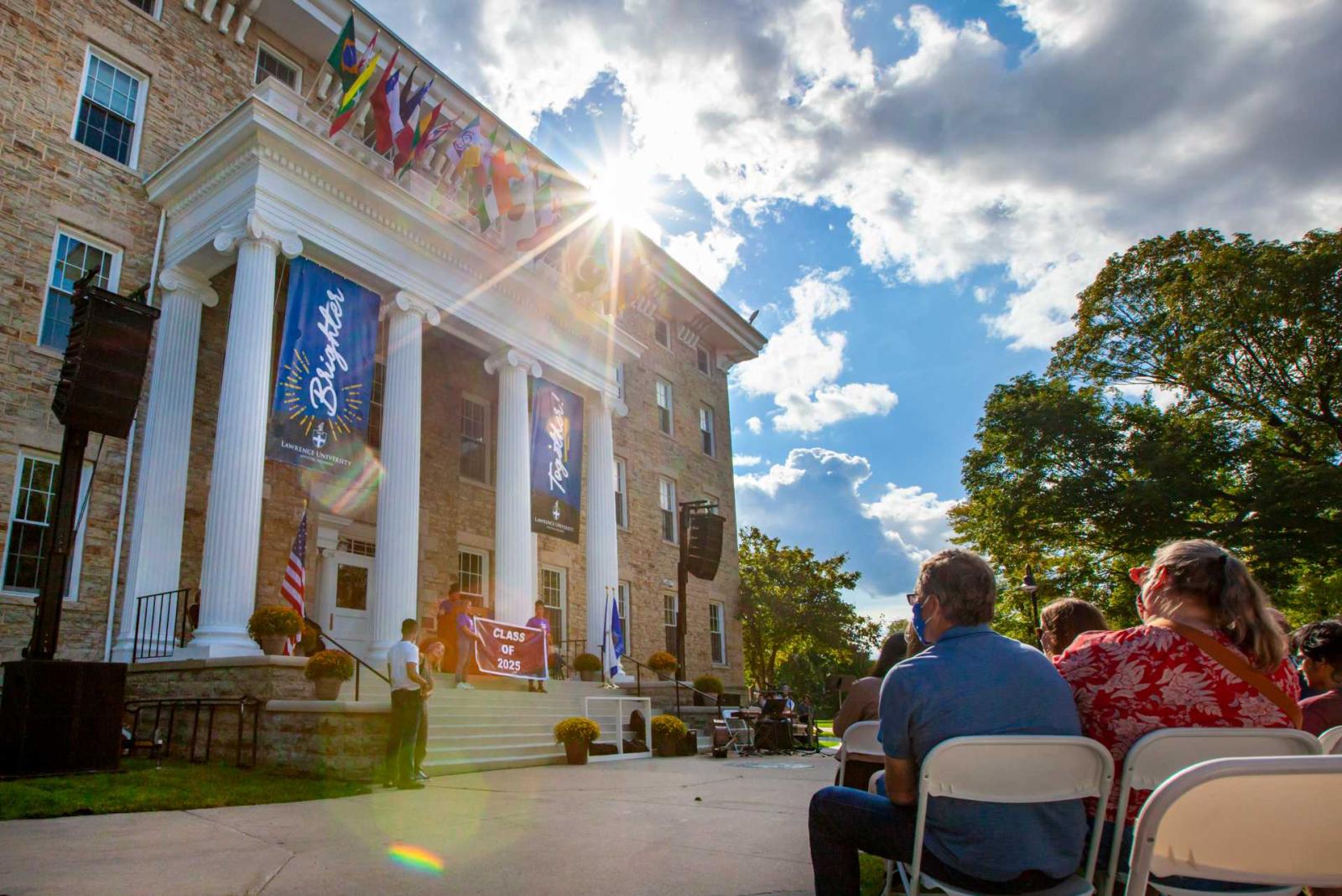 President Laurie Carter welcoming Class of 2025 on steps of Memorial Hall during the President's Welcome during Welcome Week.