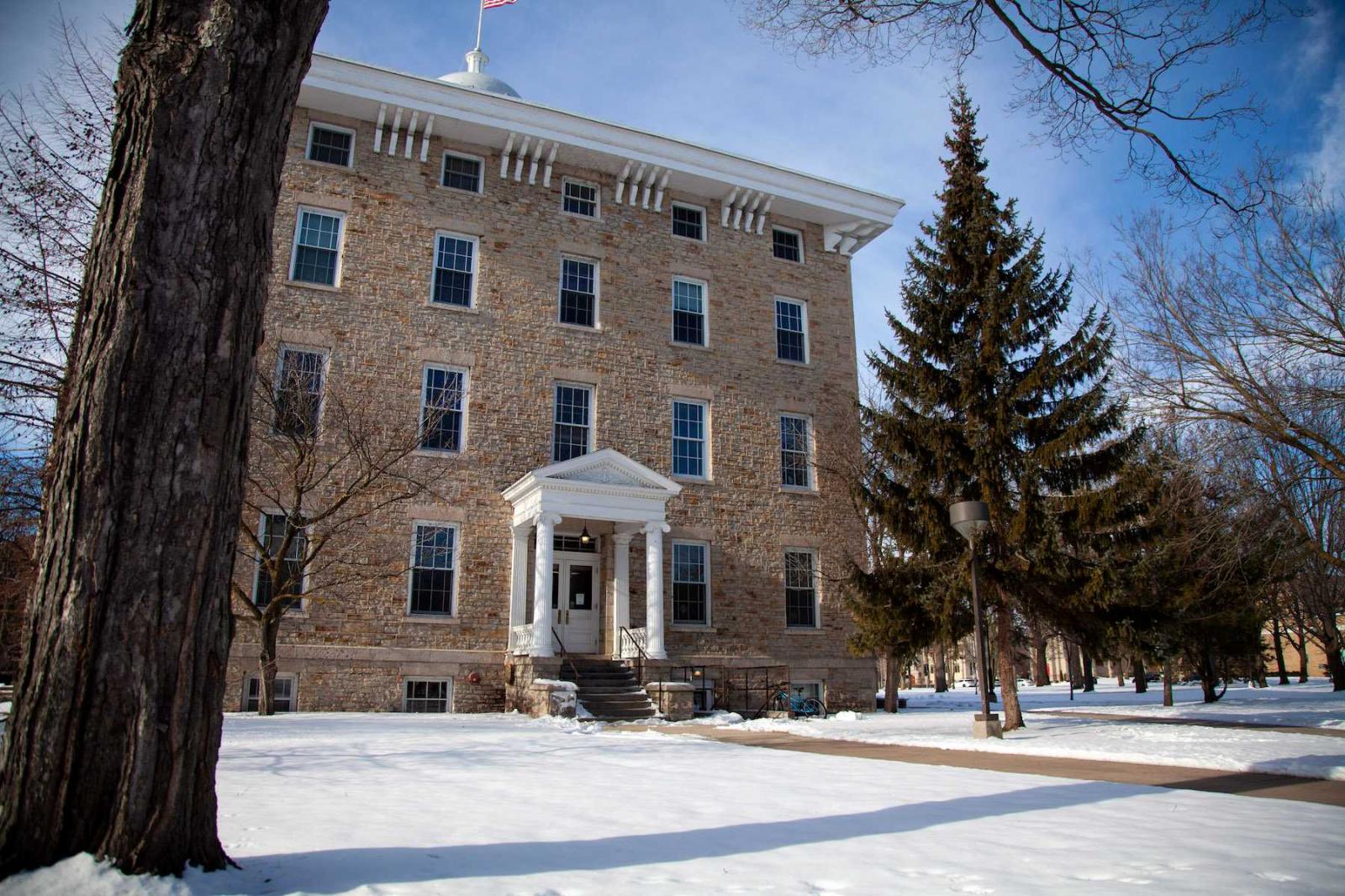 The front of Main Hall is seen after a recent snowfall. 