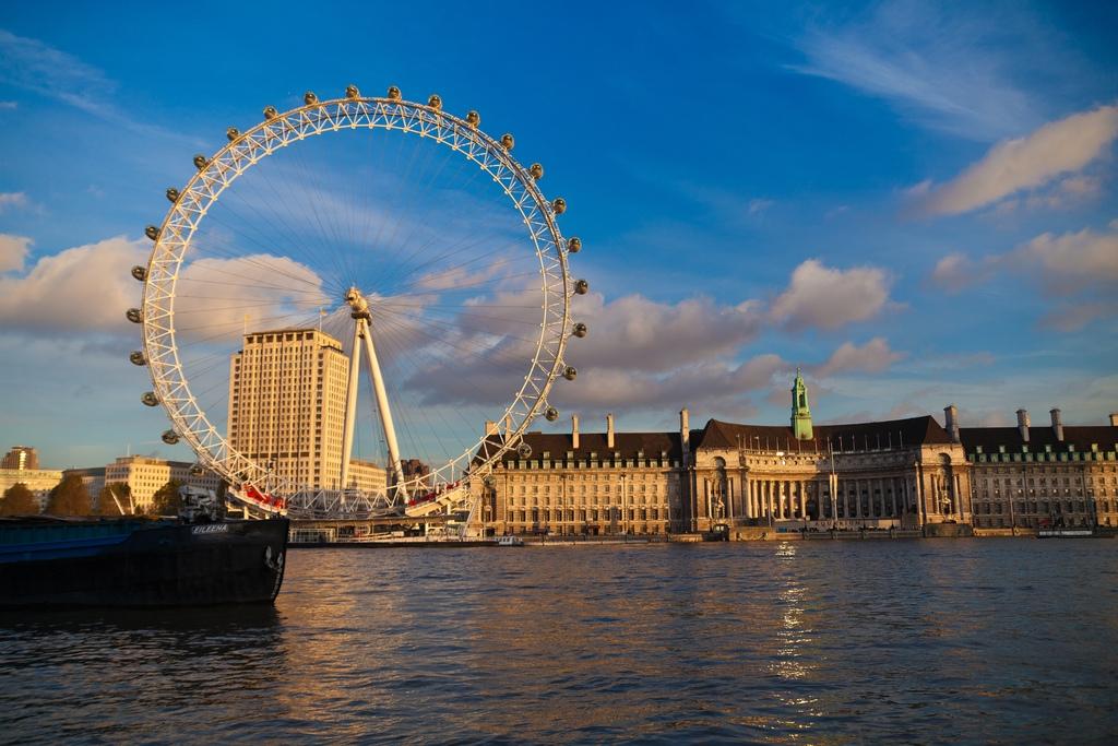 View of London Eye and aquarium from across the water