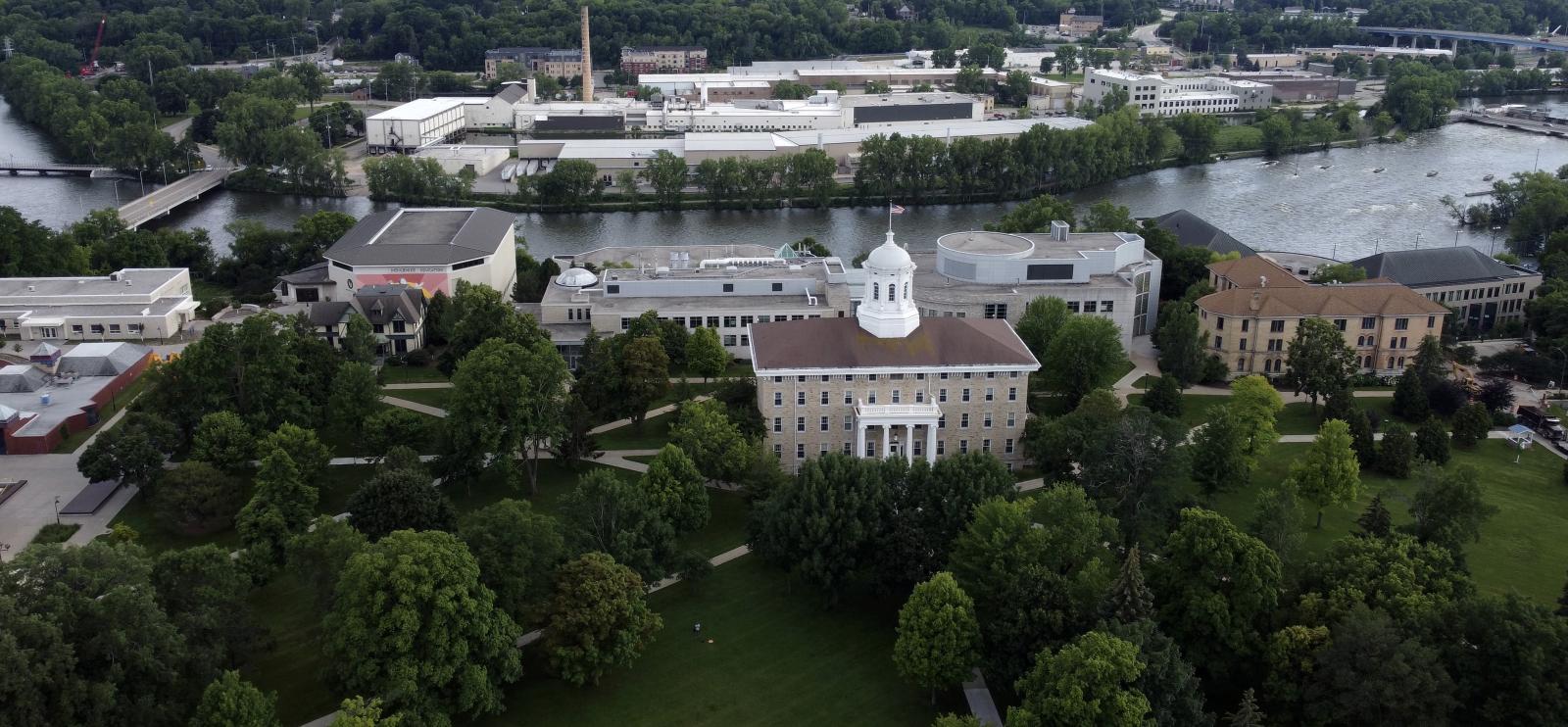 Aerial view of Lawrence University with Fox River in background.