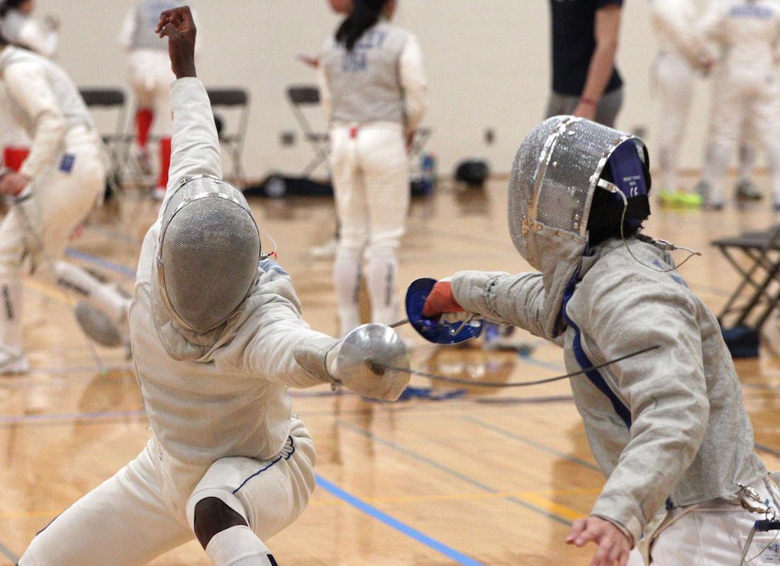 Aaron Reese competes in a men's saber match.