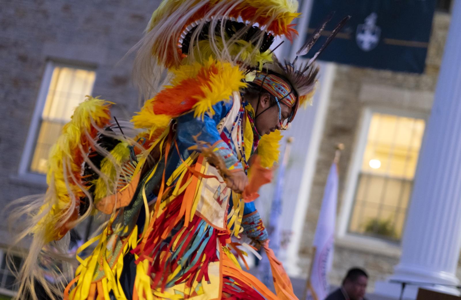 A dancer performs during the 2022 Indigenous Peoples Day Celebration on Main Hall Green.