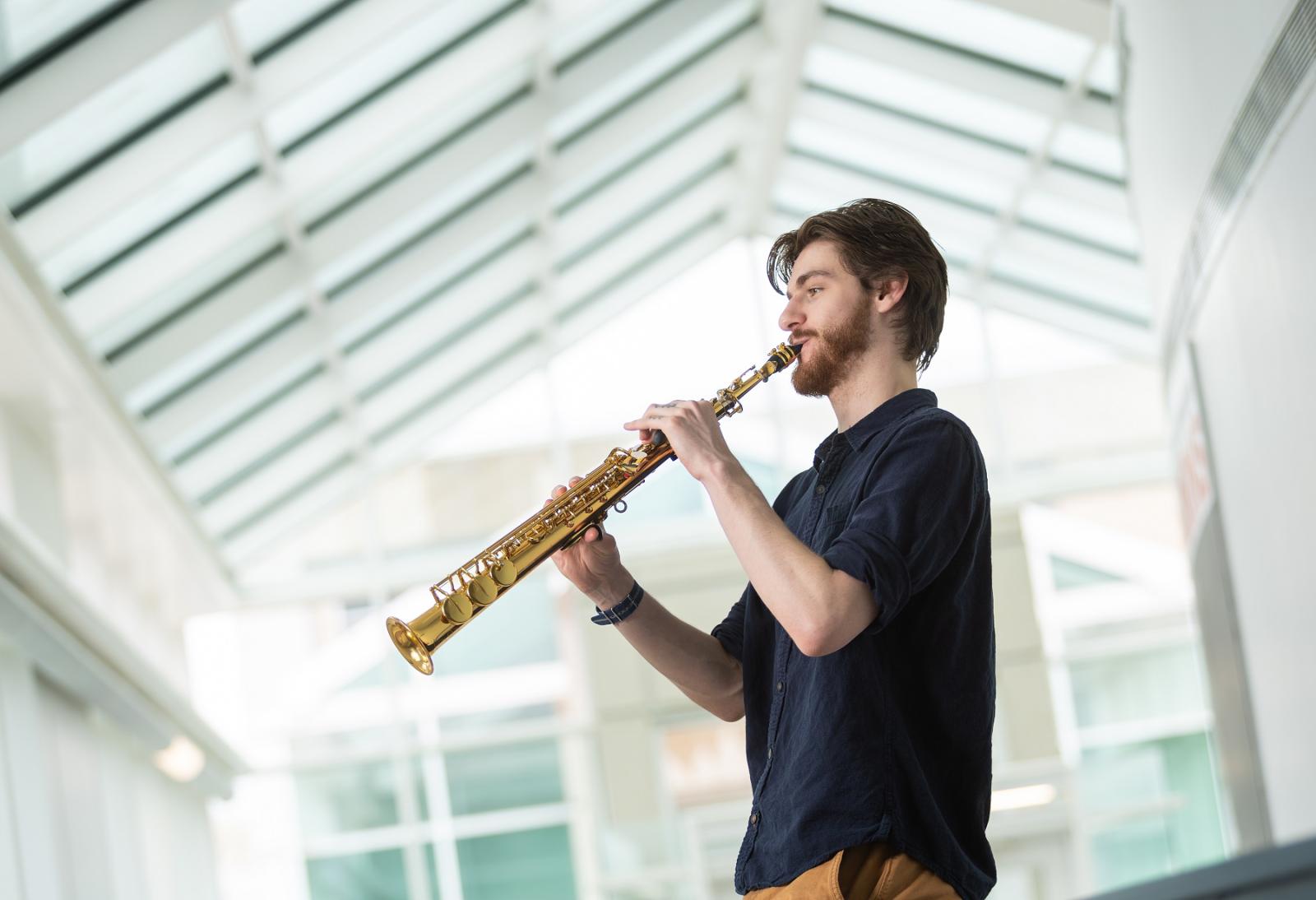 Evan Ney performs in the Music-Drama Center.