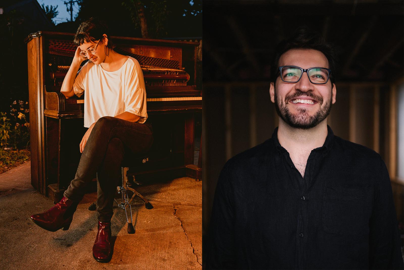 Two people are shown: one sitting on a piano bench outdoors, smiling with head down; the other standing indoors, smiling and wearing glasses and a black shirt.