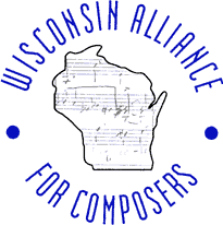 Logo with an outline of Wisconsin featuring sheet music, surrounded by the text Wisconsin Alliance for Composers in blue, with two blue dots on either side of the state.