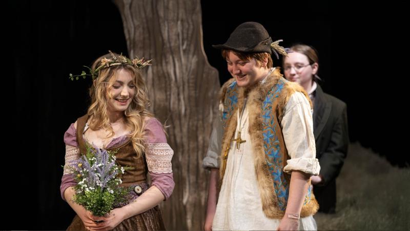 Nina Broberg and Silas O’Connell, theatre majors, during dress rehearsal for the winter term play “As You Like It” in the Cloak Theatre Feb. 13, 2023