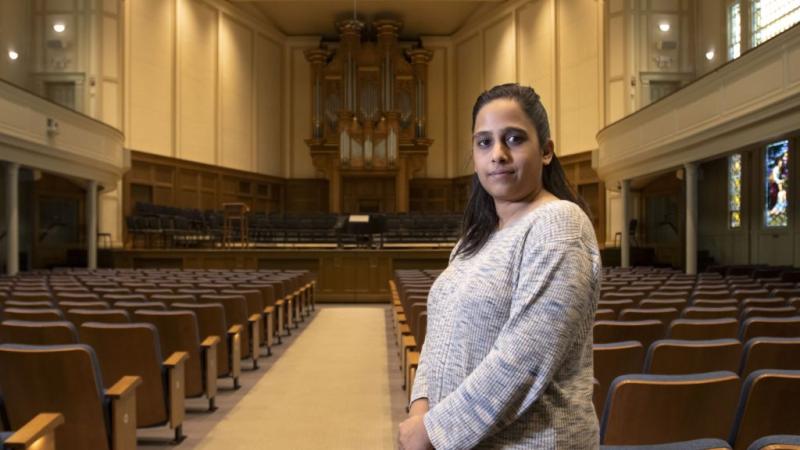 Asha Srinivasan stands for a portrait in Memorial Chapel.