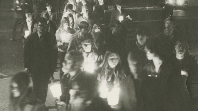 A group of Lawrence University students, faculty, and staff march across campus following the May 4, 1970, shooting of anti-war protesters at Kent State University. 