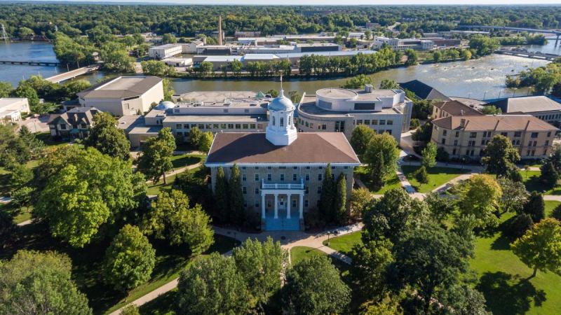 aerial shot of Main Hall and the Fox River 
