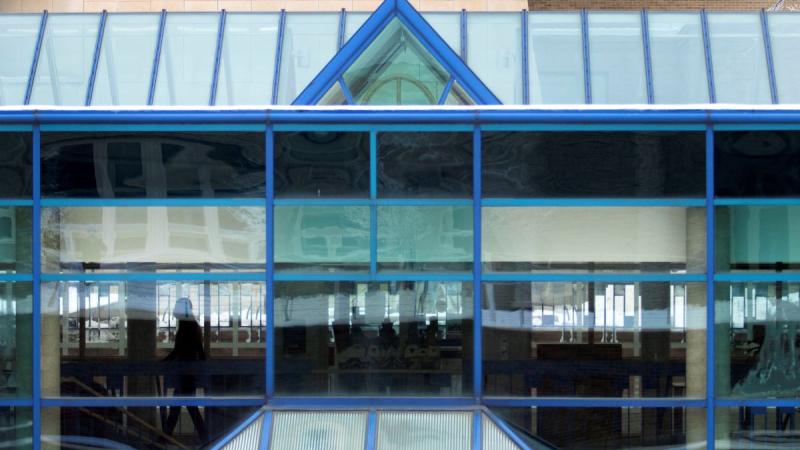 close-up of wriston building's glass entrance 