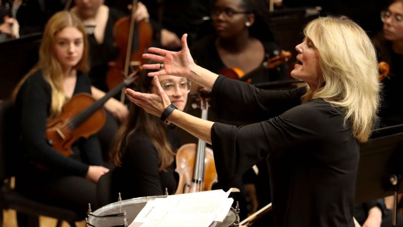 Patty Darling leads the Lawrence Studio Orchestra during Fred Sturm Jazz Celebration Weekend at Memorial Chapel.