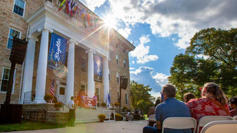 President Laurie Carter welcoming Class of 2025 on steps of Memorial Hall during the President's Welcome during Welcome Week.
