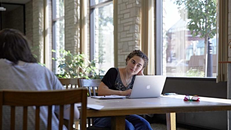 Woman sitting at a table in the library near a window, looking at her laptop computer.