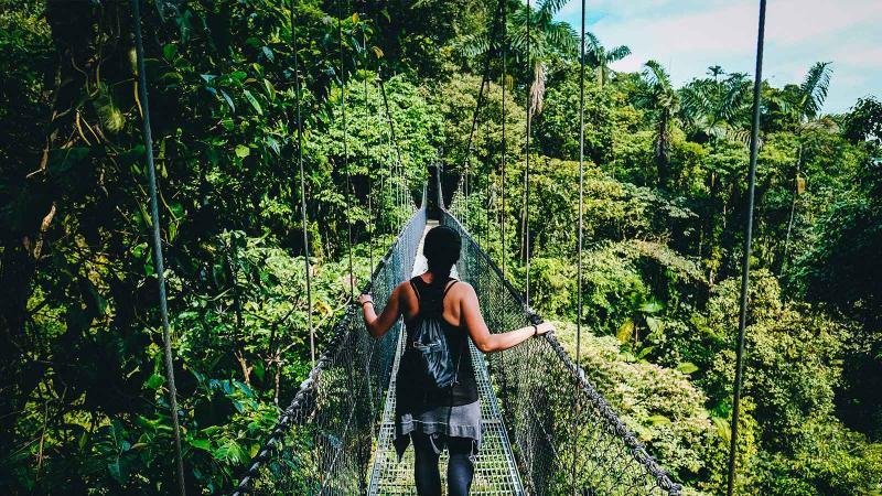 People walking across a hanging bridge in Costa Rica