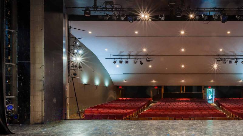 Empty theater viewed from on stage.