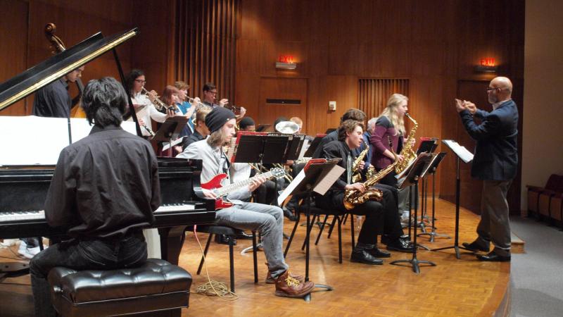 Members of Lawrence University's Jazz Workshop perform on stage.