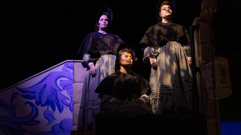 Alex Berget, Chelsea Dongas, and Anna Milton during opera rehearsal for Alice Tierney.
