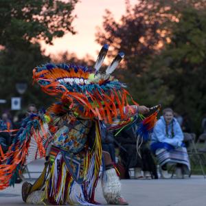 A dancer performs during the 2023 Indigenous Peoples' Day Celebration on Main Hall Green.